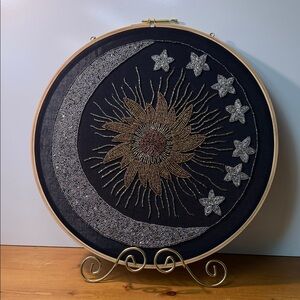 Embroidered Sun and Moon Celestial Beaded Wall Art